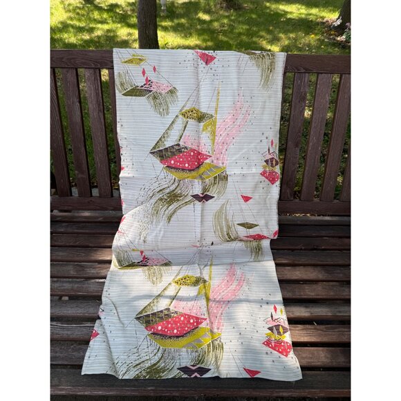 Vintage Mid-Century Print Curtain Panel Pink Green on White 90.5x20.25" - Picture 1 of 7